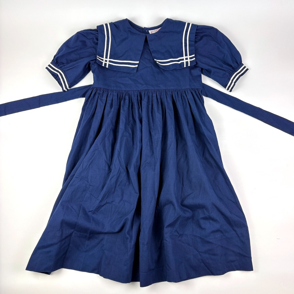 VTG 90s Caroline Classics Sailor Dress‎ Girls Sz 6 Navy White Ties Back Nautical